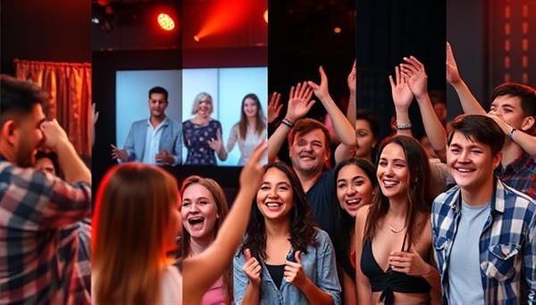 A dynamic visual representation showcasing a split-screen of a celebrity interacting with fans on one side and a diverse group of fans expressing excitement and joy on the other side, illustrating the connection and engagement of the virtual meet & greet experience.