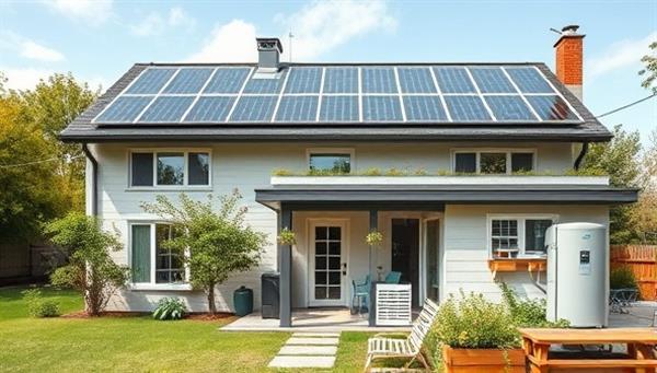 An image of a modern, eco-friendly home with solar panels on the roof, a rainwater collection system in the garden, and energy-efficient appliances, highlighting sustainability and green living.