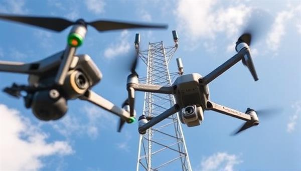An aerial view captured by a drone showing a telecommunication tower being inspected by another drone equipped with cameras and sensors, highlighting the advanced technology and precision of the inspection process.