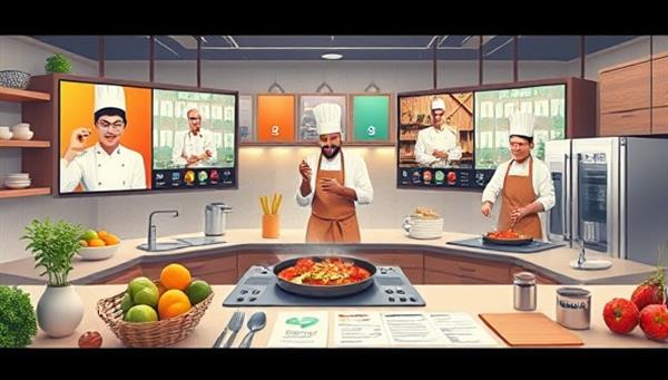 An engaging digital illustration showcasing a virtual kitchen environment with multiple screens displaying live cooking demonstrations by chefs from different cultural backgrounds, surrounded by ingredients, utensils, and interactive recipe cards, evoking a sense of culinary diversity and shared cooking experiences.