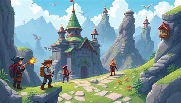 An immersive fantasy world with pixelated characters embarking on a web design quest, solving design challenges, earning virtual badges, and interacting with a diverse community of fellow designers, capturing the engaging and interactive essence of WebCraftQuest