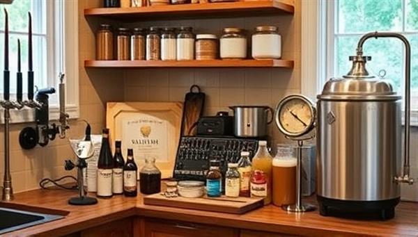 A cozy kitchen setup with a home brewing kit, ingredients, and brewing equipment neatly arranged on a counter, capturing the essence of the DIY brewing experience and the joy of creating craft beer at home.