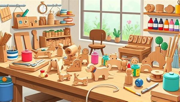 An enchanting workshop scene with wooden toy creations scattered on a workbench, surrounded by colorful paints, crafting tools, and playful illustrations, evoking a whimsical and eco-friendly atmosphere ideal for crafting sustainable toys.