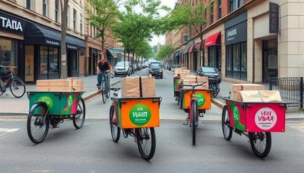 An urban street scene with cargo bikes adorned with colorful logos and environmentally friendly messaging, delivering packages to various businesses and residences, showcasing the sustainable and efficient nature of the urban cargo bike service.