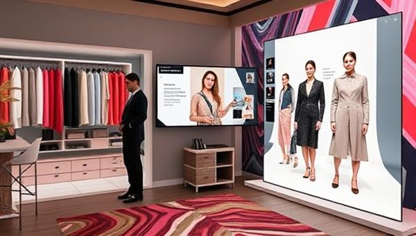 A virtual styling studio with a digital closet display, a stylist interacting with a client through a video call, style mood boards and outfit suggestions on screens, a virtual runway showcasing fashion looks, and a vibrant fashion backdrop, creating a chic and interactive styling experience.