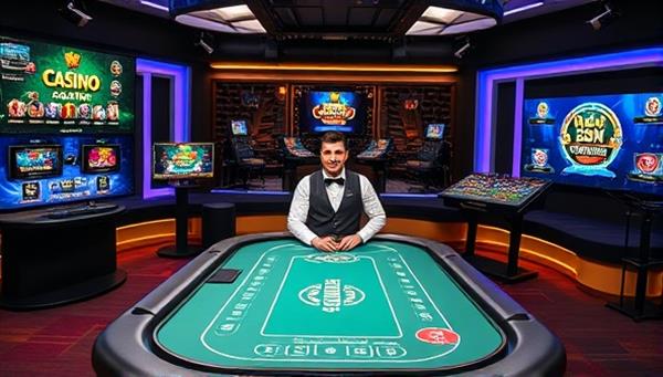 A live streaming setup featuring a professional casino table with a charismatic dealer interacting with virtual players, surrounded by digital screens displaying various casino games and a chat window for viewer engagement, capturing the excitement of live casino game streaming.