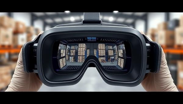 An engaging VR headset displaying a virtual warehouse environment with customizable features, showcasing the interactive and immersive experience of designing warehouse layouts in virtual reality.