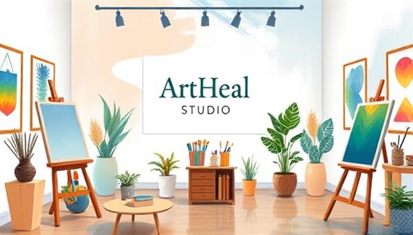An expressive digital artwork featuring a serene art studio setting with art supplies, easels, and calming colors, symbolizing the therapeutic environment of ArtHeal Studio, where individuals engage in artistic activities for self-discovery and emotional healing.