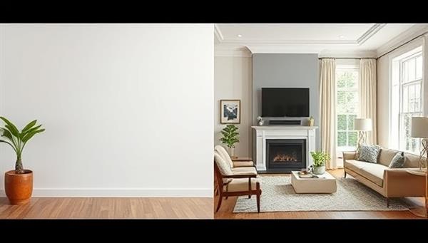 A split-screen image showing a plain room on one side and a beautifully designed room on the other, highlighting the transformative power of interior design.