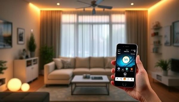A modern living room setting with smart devices seamlessly integrated, such as smart lights, a thermostat, and security cameras, all controlled through a central app on a smartphone, illustrating the convenience and comfort of a smart home.