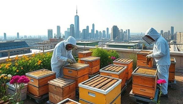 An urban rooftop apiary with beekeepers in protective gear tending to beehives, surrounded by blooming flowers and city skyline views, capturing the essence of urban beekeeping and sustainability in urban ecosystems.