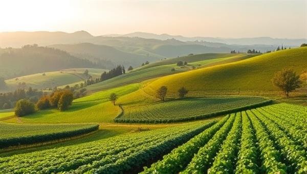 An evocative image of a lush, biodiverse farm landscape with rolling hills, vibrant crops, and grazing livestock, showcasing the beauty and productivity of regenerative agriculture practices in harmony with nature and the environment.