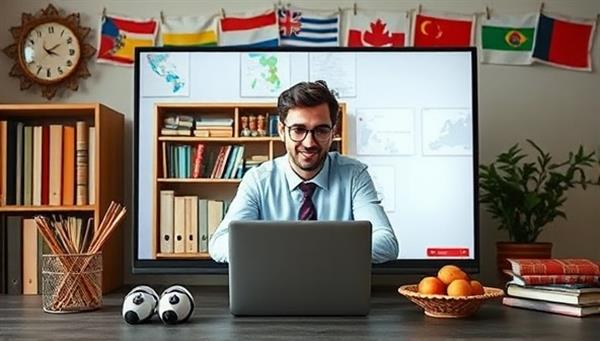 An engaging virtual language coaching session depicted with a tutor and student interacting on-screen, digital language resources in the background, and cultural artifacts representing diverse languages, fostering a vibrant and interactive learning environment online.