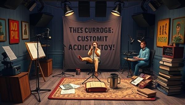 An artistic digital representation of a studio setup with voice actors recording custom audio stories, surrounded by themed props and scripts, capturing the behind-the-scenes creative process of crafting personalized audio narratives on the AudioCraft Tales platform in a visually compelling and storytelling-focused manner.