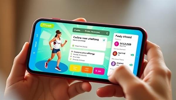 An engaging image of a user interacting with the FitQuest app on a smartphone, showcasing a virtual fitness avatar completing workout challenges and earning rewards, with vibrant gamification elements and progress tracking features visible on the screen, motivating users to stay active and achieve their fitness goals.