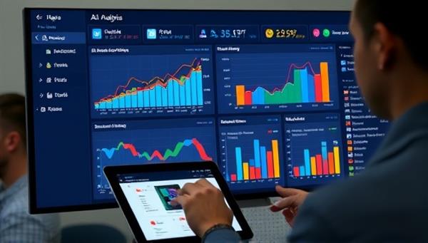 An AI-powered dashboard displaying real-time social media analytics with interactive graphs and charts, accompanied by a user analyzing data insights on a tablet, showcasing the tool