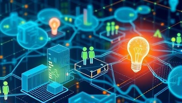 An illustration of a digital marketplace with energy producers and consumers interacting through a secure blockchain network, symbolizing the transparent and efficient energy trading system offered by PowerChain Exchange.