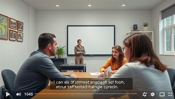 An immersive language learning video snippet showing a language teacher engaging with students in a virtual classroom setting, with subtitles and interactive exercises integrated into the video player.
