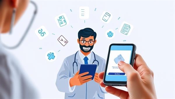 An engaging graphic showing a patient having a virtual consultation with a doctor on a mobile device, with medical icons and prescription symbols floating around them, symbolizing the seamless and efficient service provided by MediConnect.