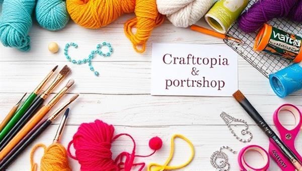 An artistic flat lay of a craft workshop table with colorful yarn, paintbrushes, beads, and a completed DIY project, conveying the creativity and hands-on experience provided by Craftopia Creations