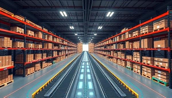 An immersive virtual reality simulation showing a warehouse layout being optimized in real-time, with customizable shelves, conveyor belts, and inventory stacks, illustrating the future of warehouse design technology.