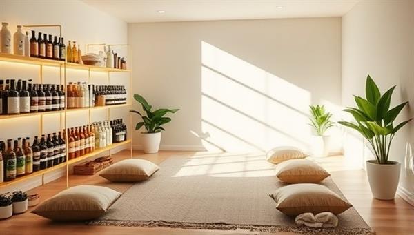 A serene wellness space with a tranquil ambiance, featuring shelves of wellness products, cozy meditation cushions, and a peaceful yoga corner, creating a harmonious and inviting atmosphere for relaxation and self-discovery.