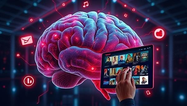A futuristic AI-powered brain with digital media symbols floating around, representing the personalized content matching process, with a user interacting with a screen displaying tailored movie recommendations, creating a personalized media discovery experience.