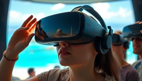 An immersive visual of a virtual reality headset displaying a breathtaking virtual travel destination, such as a pristine beach or ancient ruins, with a diverse group of users experiencing the virtual tour with awe and excitement, capturing the essence of wanderlust and exploration.