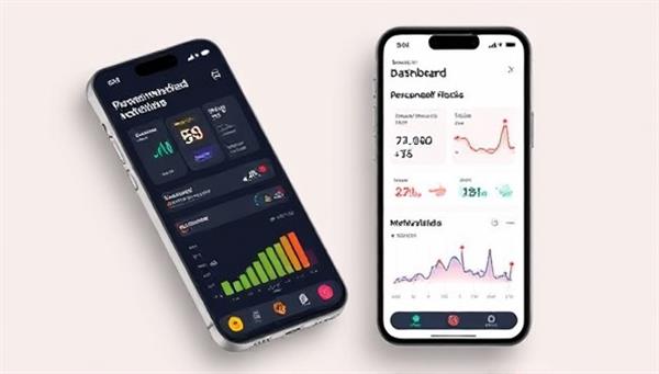 An interactive mobile app interface displaying the AIFitCoach dashboard with personalized workout recommendations, progress tracking charts, and motivational messages from the AI fitness coach, presenting a futuristic and data-driven approach to fitness coaching.