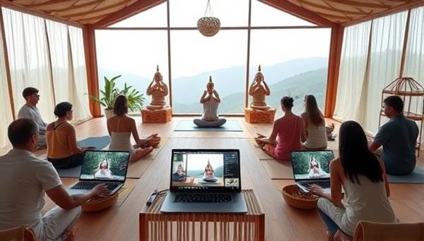 An immersive virtual retreat scene with participants engaging in yoga poses, meditation, and wellness activities on their laptops, creating a serene and revitalizing atmosphere for well-being and self-care.