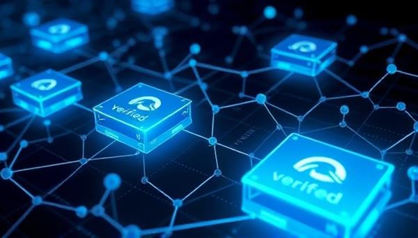 A secure blockchain network visualization displaying interconnected blocks representing verified ad impressions and engagements, with real-time tracking metrics and timestamps, symbolizing transparency and trust in digital advertising verification.