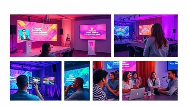 An engaging digital collage showcasing a virtual event setup with colorful virtual backgrounds, interactive elements, and happy attendees connecting online, illustrating the vibrancy and excitement of virtual experiences.