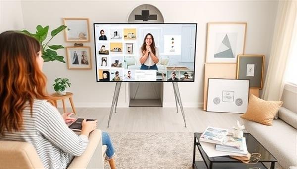 A virtual interior design consultation session featuring a designer presenting mood boards, color palettes, and furniture layouts to a client via video call, surrounded by design samples and decor swatches, creating a professional and creative design environment.