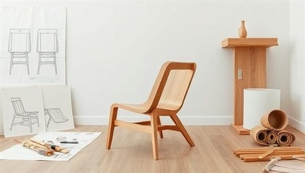 An elegant and modern custom-made wooden chair in a minimalist room setting, surrounded by design sketches, tools, and raw materials, illustrating the craftsmanship and customization aspects of the business.