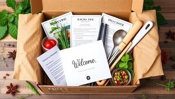 An enticing subscription box filled with colorful ingredients, recipe cards, kitchen utensils, and a personalized welcome note, surrounded by fresh herbs and spices, conveying a sense of culinary adventure and creativity in a convenient package.