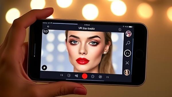 An engaging snapshot of a smartphone screen displaying the VR Glam Studio app interface where a user is virtually trying on a bold red lipstick and shimmering eyeshadow, with options to adjust colors and styles, creating a captivating digital beauty experience.