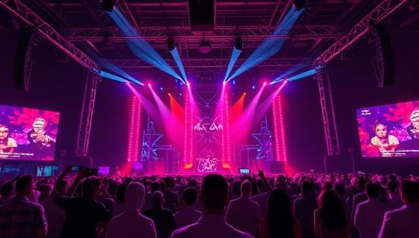 An electrifying visual representation capturing the essence of a virtual music concert, featuring a stage setup with vibrant lights, a crowd of virtual avatars enjoying the performance, and a dynamic visual effects display, evoking the energy and excitement of a live music event.