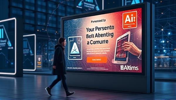 A futuristic image of a digital billboard displaying a personalized ad for a consumer walking by, with AI algorithms represented by glowing patterns in the background, symbolizing customization and innovation.