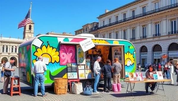 A colorful and vibrant art caravan parked in a bustling city square with artists painting murals on its exterior, visitors browsing through art displays inside, and a lively workshop taking place outside, capturing the dynamic and community-oriented nature of the art caravan concept.