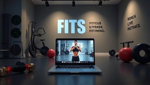 A sleek and modern virtual fitness studio setup with a laptop streaming a live workout session, fitness equipment in the background, and motivational quotes on the wall, creating an immersive and energizing atmosphere.