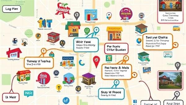 An interactive map interface showcasing local businesses with clickable icons, vibrant colors, and engaging pop-up offers, inviting users to explore the neighborhood virtually and discover hidden treasures.