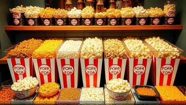 An aesthetically pleasing popcorn bar display with rows of colorful popcorn bins filled with various flavors, surrounded by toppings like caramel drizzle, cheese powder, and spicy seasonings, creating a visually appealing and appetizing setup.