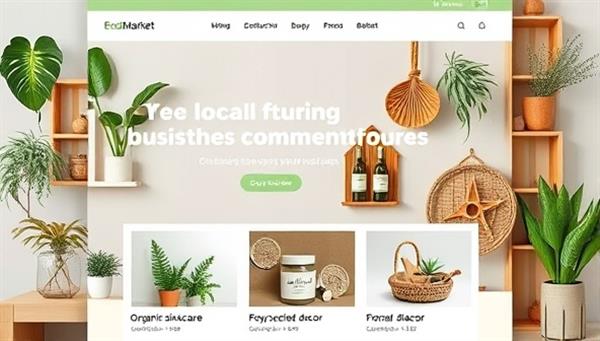 A visually appealing marketplace website mockup showcasing a variety of sustainable products, from organic skincare to upcycled home decor, with a clean and modern design that conveys the essence of ethical shopping and community support through EcoLocalMarket.