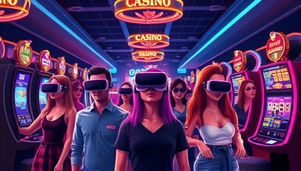 An illustration of a diverse group of avatars in a virtual casino setting, with neon lights, digital slot machines, and a vibrant atmosphere, showcasing the excitement and immersion of the VR gambling experience.