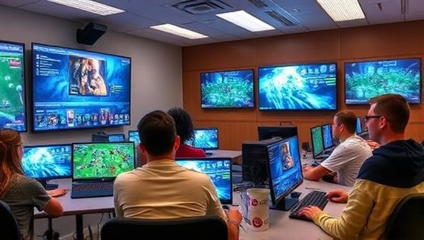 An interactive virtual classroom environment with mentors guiding students through gaming strategies and challenges, surrounded by digital screens displaying game mechanics and tips, fostering a sense of learning and community within GameMentor.