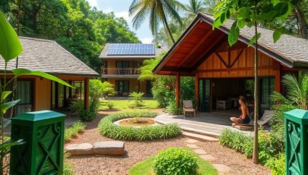 A tranquil eco-retreat setting featuring sustainable architecture, solar panels, lush greenery, and guests engaging in eco-friendly activities like yoga, gardening, and recycling workshops, promoting a harmonious connection with nature.