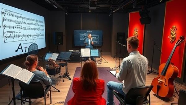 An immersive virtual music studio setup with an instructor guiding a student through a musical piece on a digital interface, surrounded by musical notes, instruments, and a virtual audience, capturing the essence of interactive and engaging online music education.