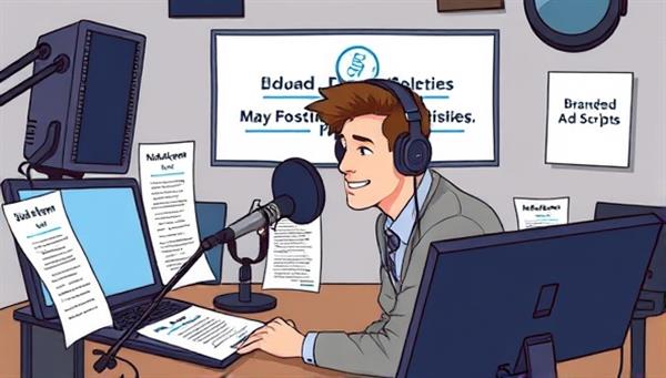 An illustration of a podcast host recording an episode in a professional studio environment, with headphones on and a microphone in front, surrounded by branded audio ad scripts and sound equipment, showcasing the behind-the-scenes of podcast advertising with PodAdsAudio.