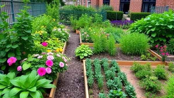 A vibrant urban garden space filled with lush green plants, colorful flowers, and neatly arranged vegetable patches, showcasing the beauty and potential of a rented GrowSpace.