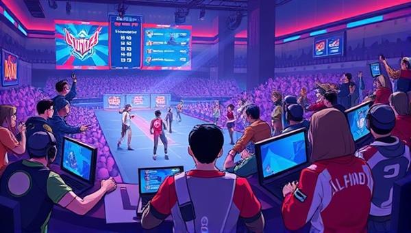 An action-packed digital illustration of gamers participating in an intense esports tournament, with animated characters competing in a virtual arena, spectators cheering in the background, and a leaderboard displaying scores, capturing the competitiveness and excitement of the gaming experience.